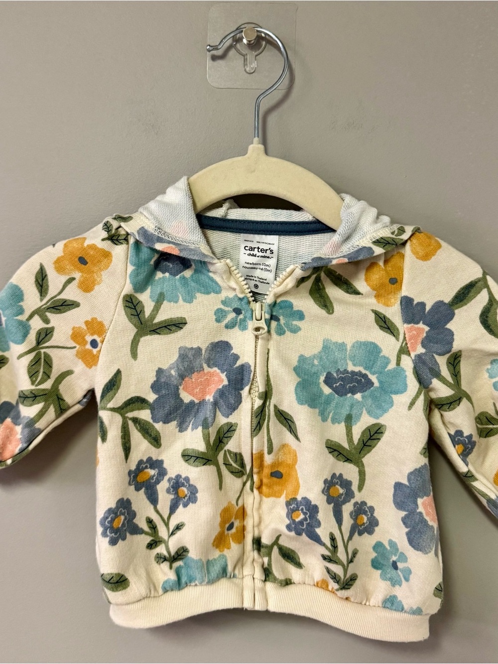 Carter's Cream Hoodie with Blue, Yellow & Green Floral Print